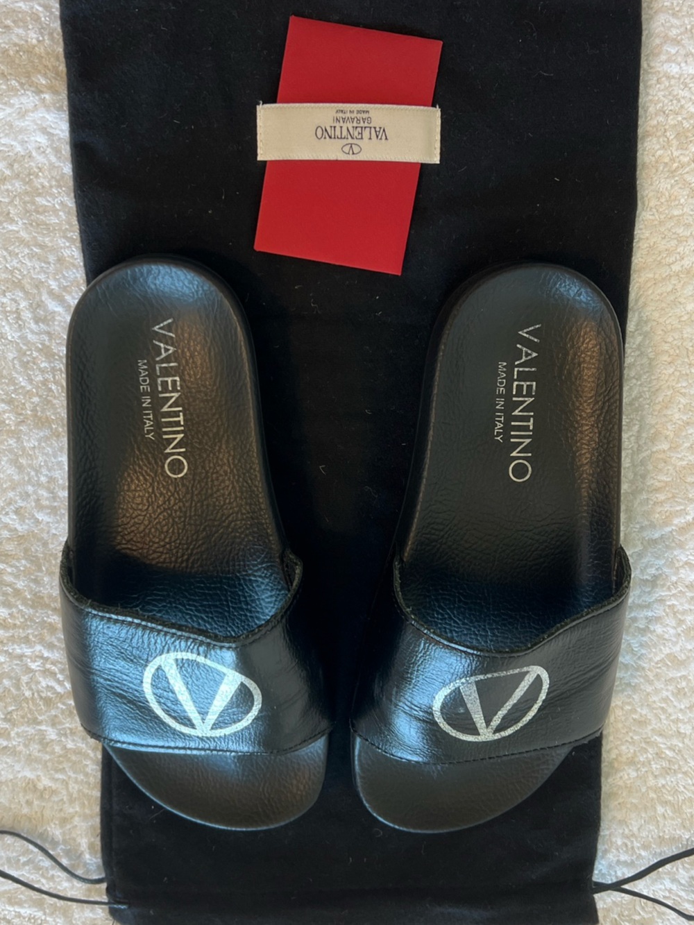 Valentino Black Leather Logo Slide Sandals silver logo sz 36 storage bag & card